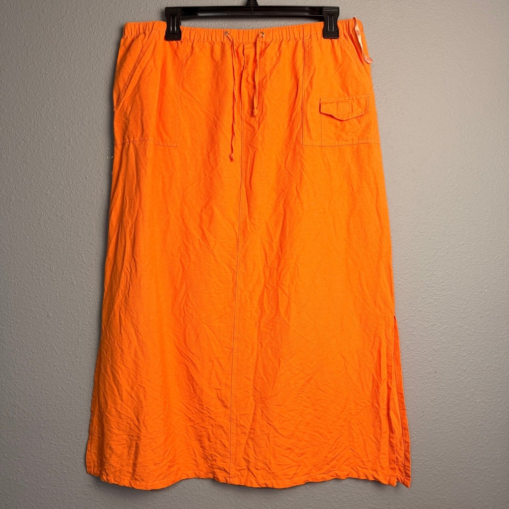 Sherry Taylor Lightweight Orange Ramie BL Maxi‎ Skirt Cargo Pocket Drawstring XL